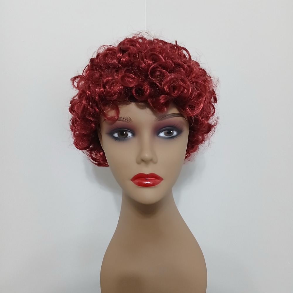 Short Curly Deep Red Synthetic Wig Afro Style Tight Ringlets Burgundy Cosplay